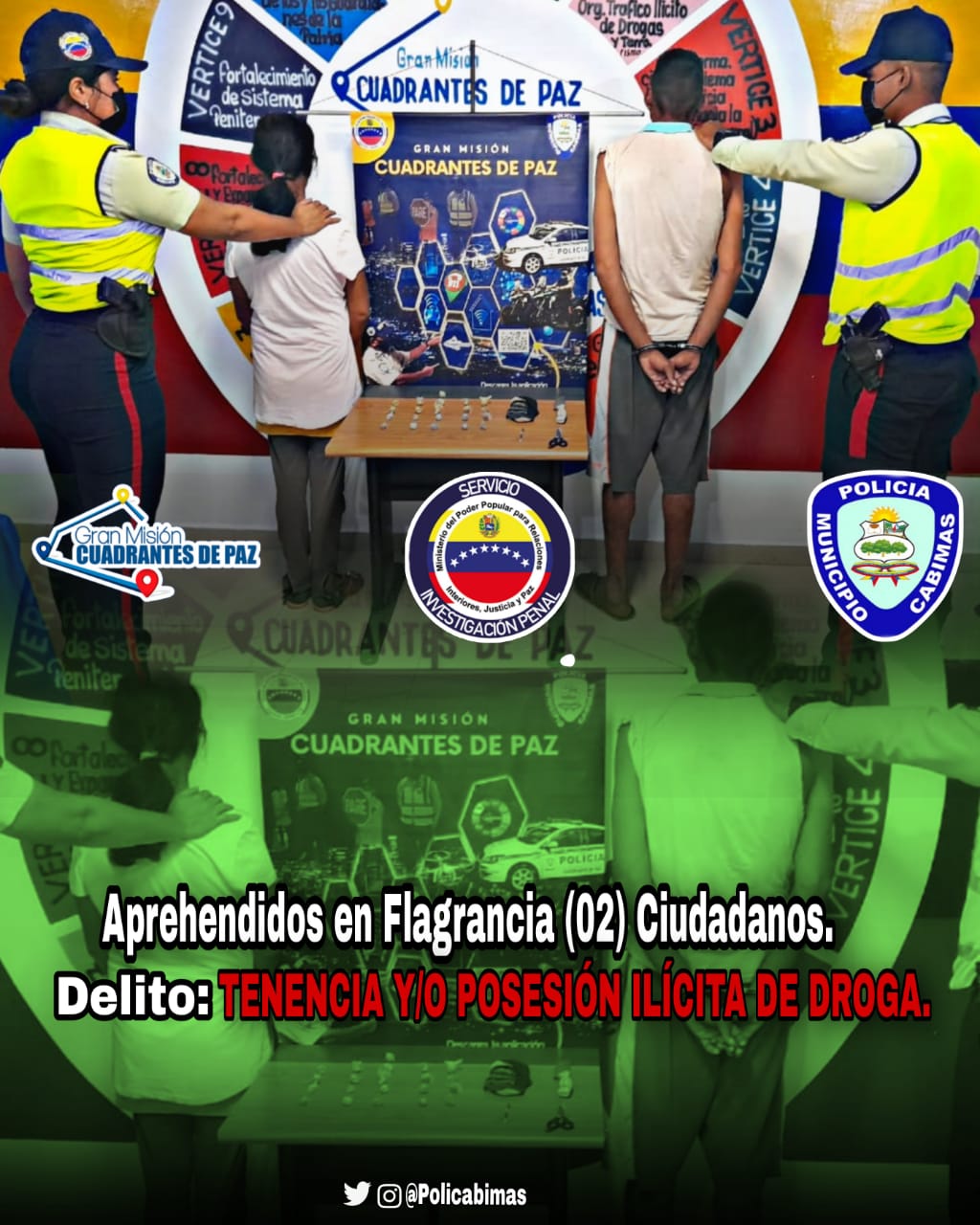 La Policía Municipal de Cabimas (Policabimas), detuvo este 19 de enero en horas de la noche, a dos ciudadanos por el delito de posesión de drogas en el sector Valle Encantado callejón Marisabel, parroquia San Benito.