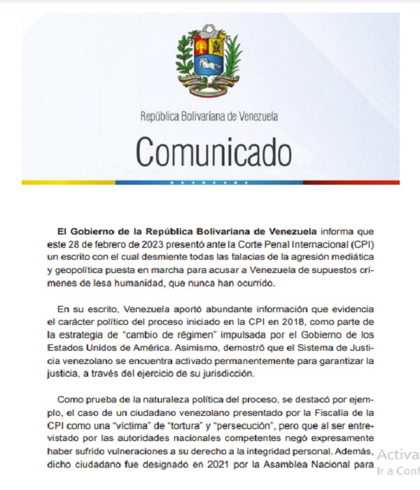 Venezuela presenta escrito ante la CPI 