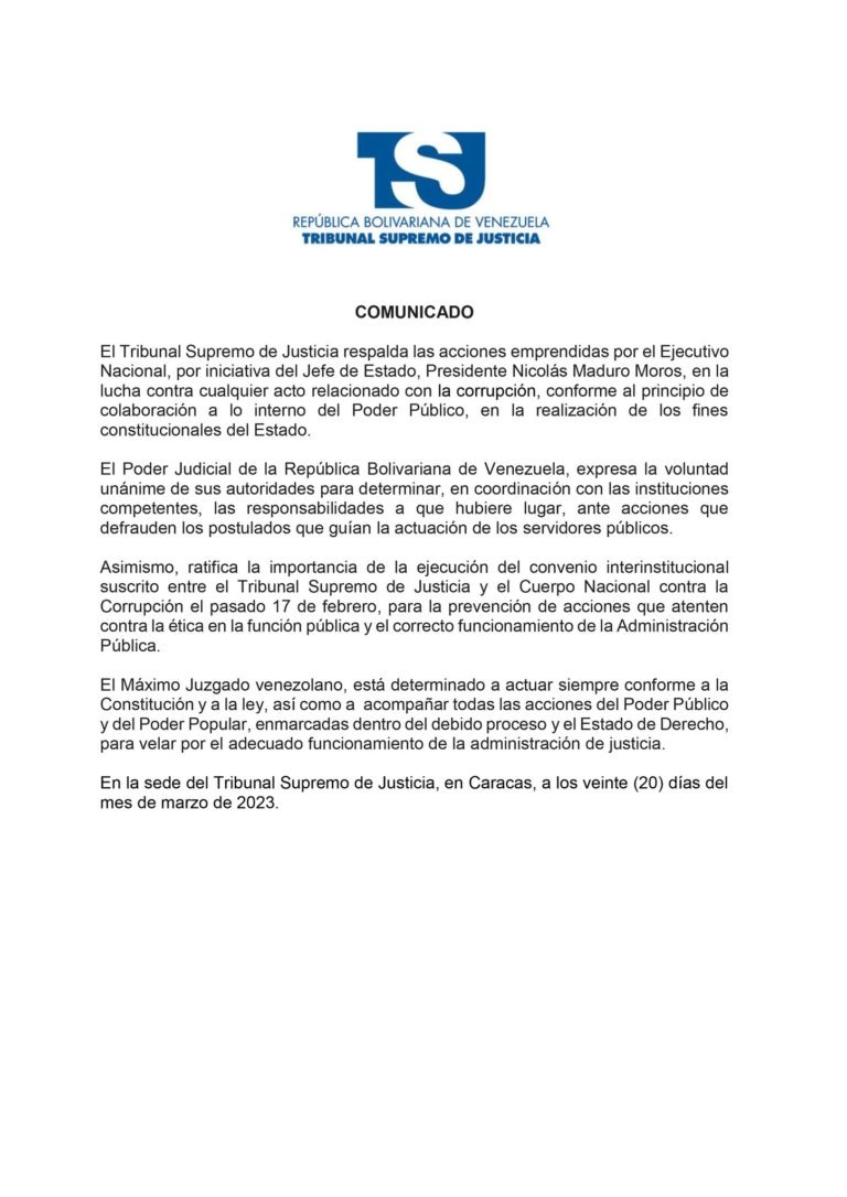 TSJ respalda acciones contra actos de corrupción emprendidas por el Ejecutivo Nacional (Comunicado)