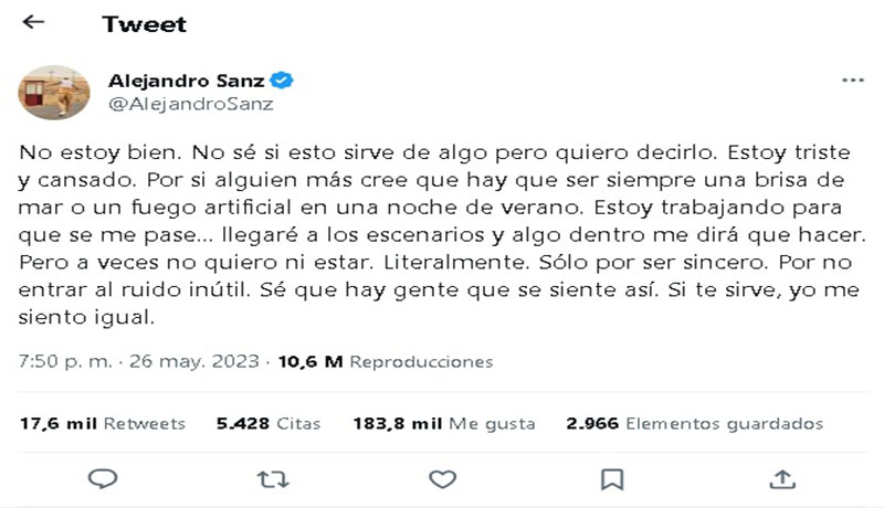 Cantante Alejandro Sanz: “No estoy bien” 