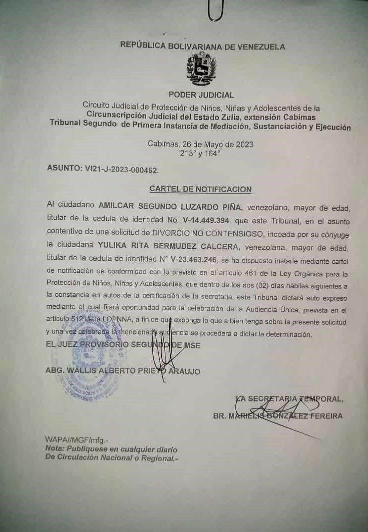 CARTEL DE NOTIFICACIÓN "AMILCAR SEGUNDO LUZARDO PIÑA"