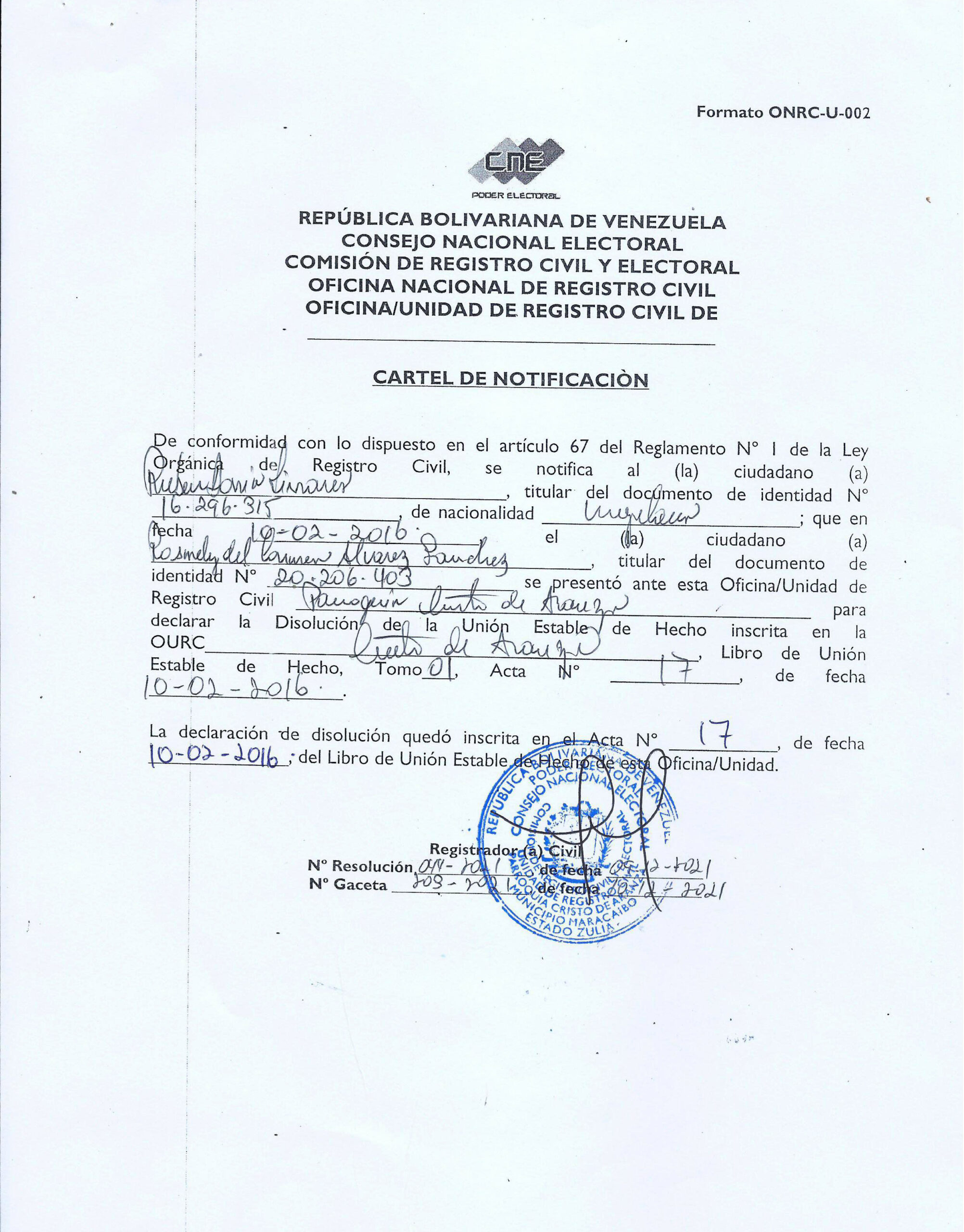 CARTEL DE NOTIFICACIÓN “RUBÉN DARÍO LINARES SUAREZ”