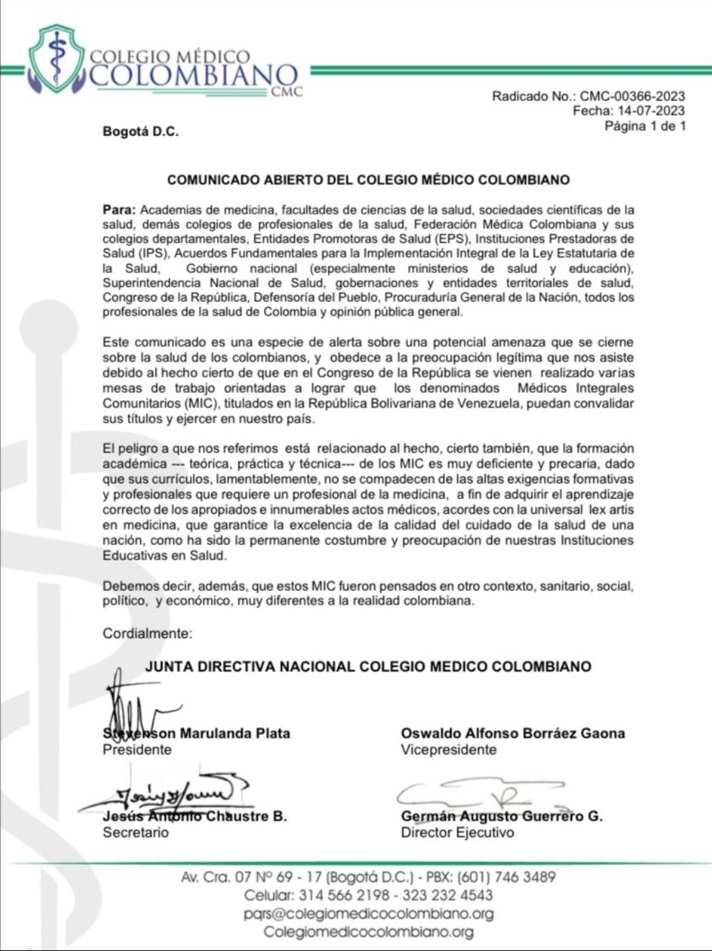 Colegio Médico Colombiano médicos comunitarios venezolanos