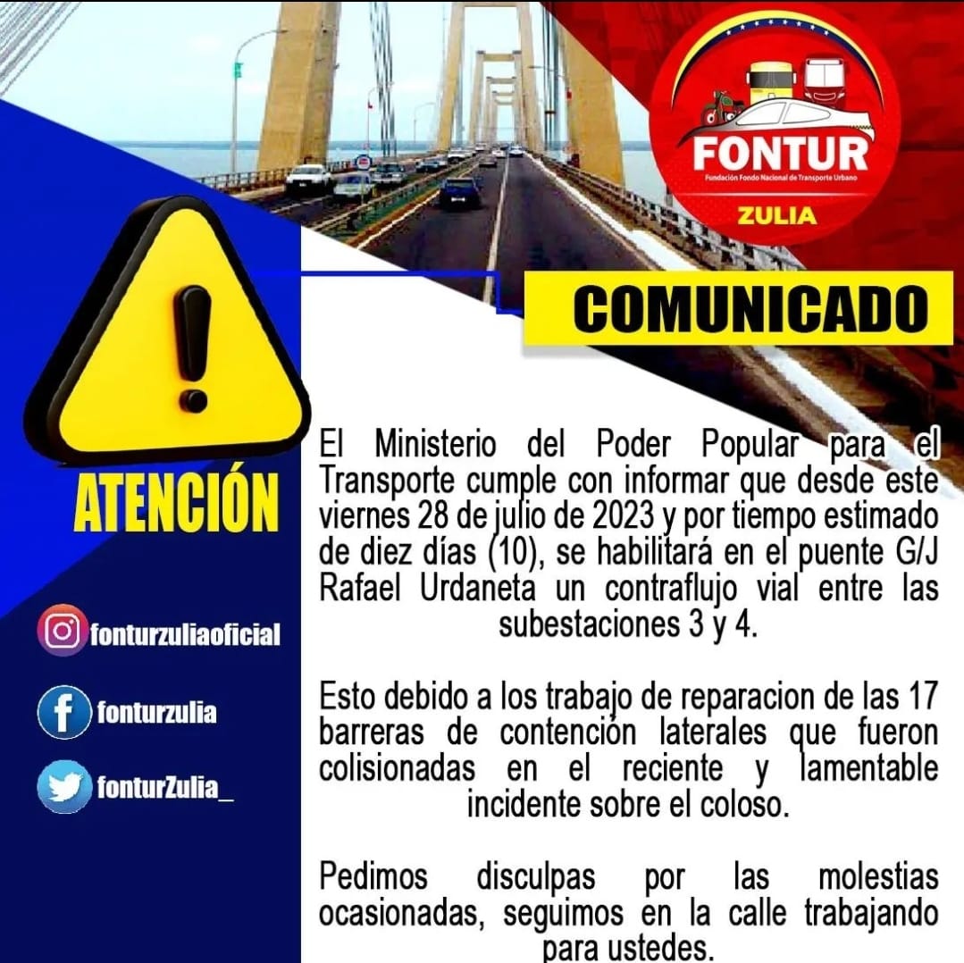 El paso por el Puente G/J "Rafael Urdaneta" de Maracaibo estará restringido por reparación de las barreras de contención laterales con sentido Maracaibo-COL.