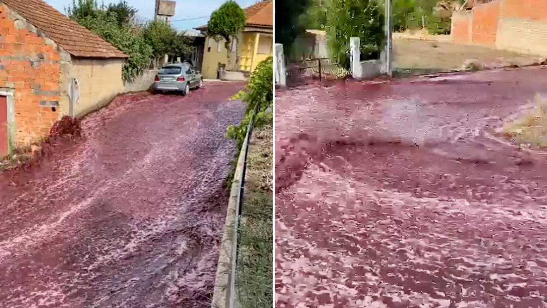 Una calle de Portugal se convierte en un río de vino tinto