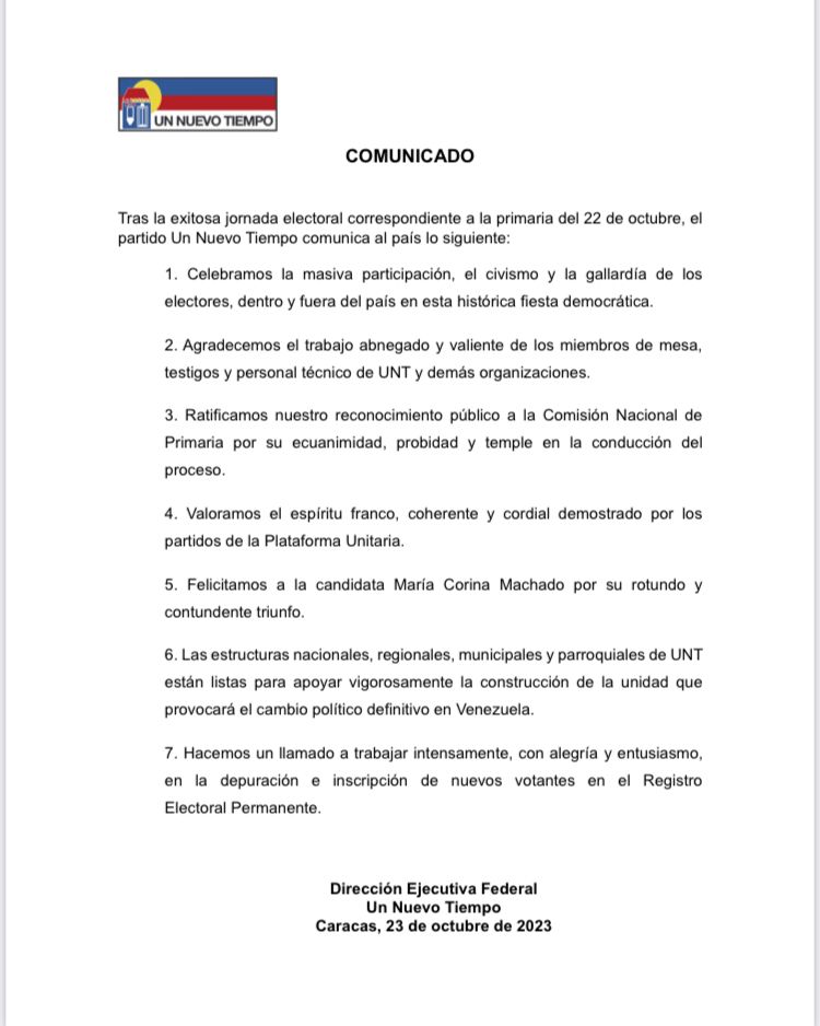 UNT felicitó a María Corina Machado 