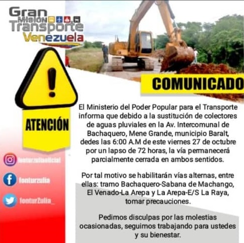 Vía Bachaquero-Mene Grande estará cerrado por reparación 