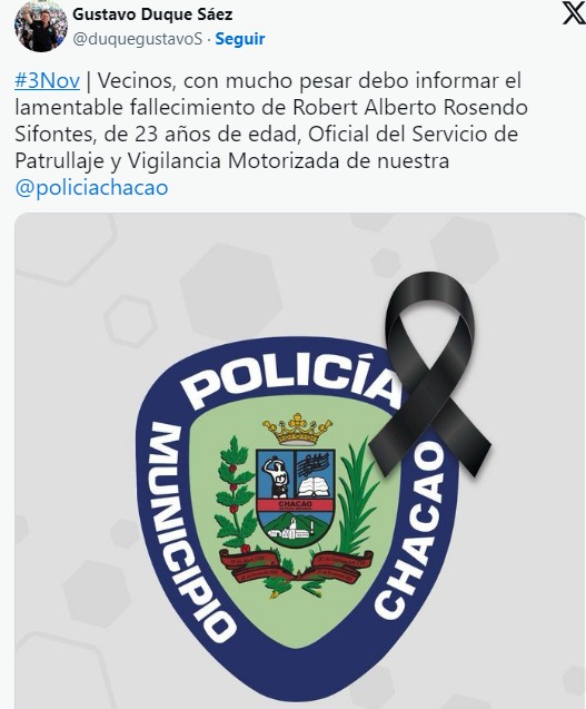 Alcalde Gustavo Duque lamentó la muerte de funcionario de PoliChacao