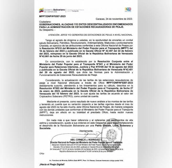 Gobierno suspende aumento en tarifas de peajes de todo el país
