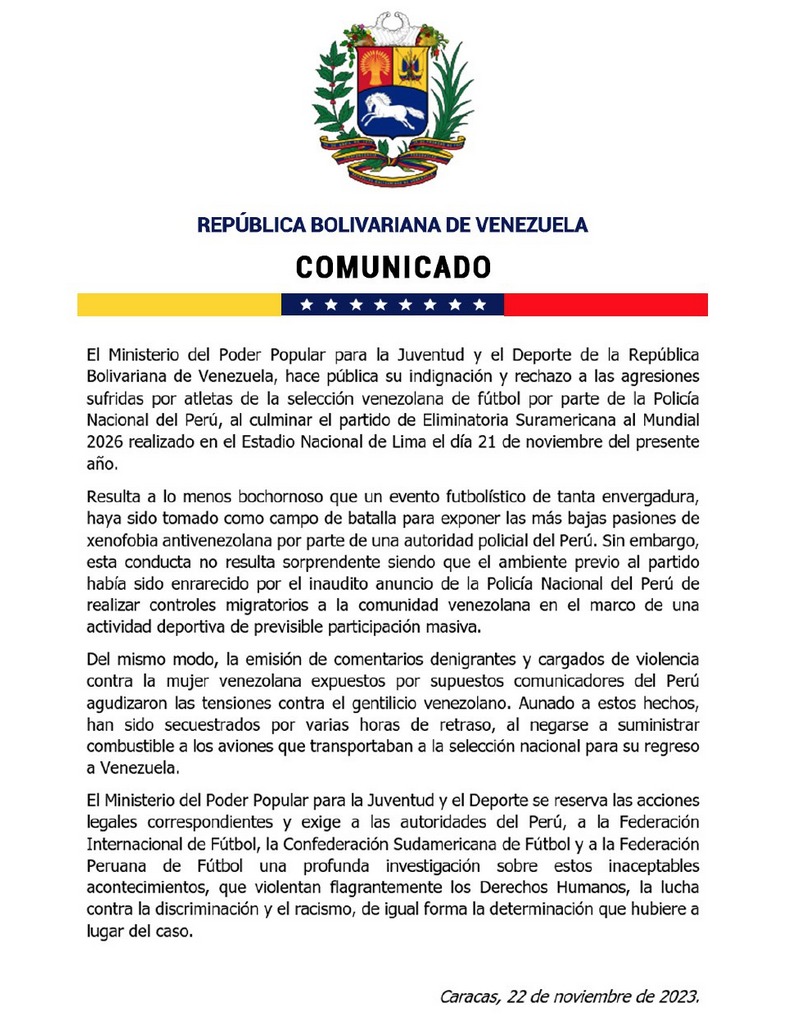 Ministerio de Deporte repudia agresiones contra la Vinotinto
