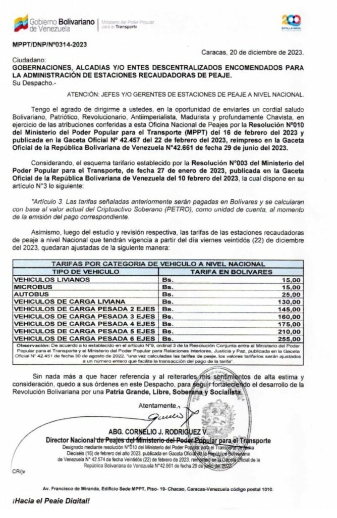 Aumentan tarifas de peajes en todo el territorio nacional