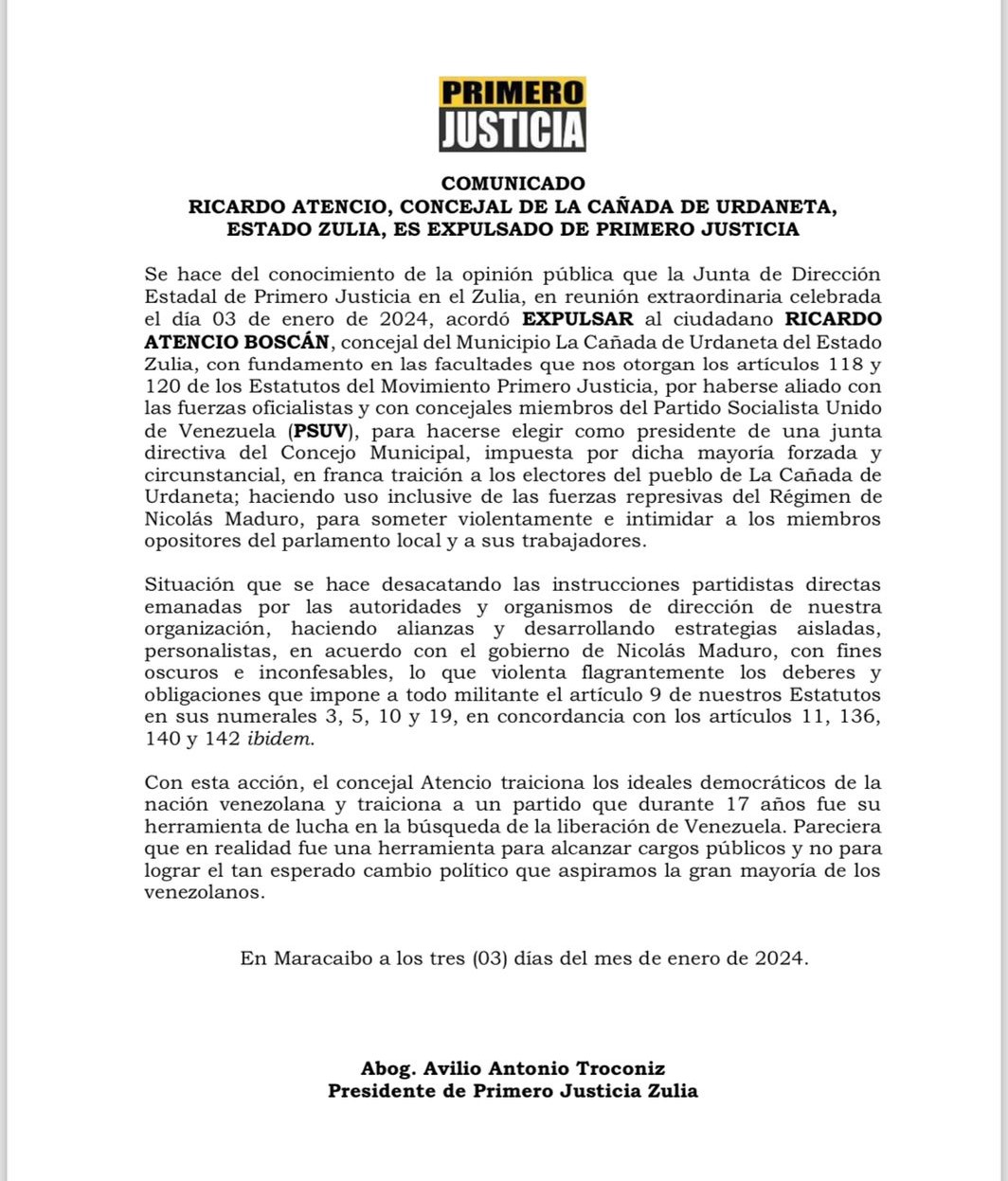 Primero Justicia expulsa de sus filas al concejal Ricardo Atencio