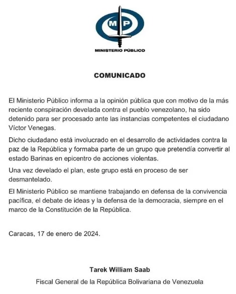 El Ministerio Público confirmó a primeras horas de la tarde de este miércoles la detención de Víctor Venegas, dirigente magisterial acusado por conspiración.