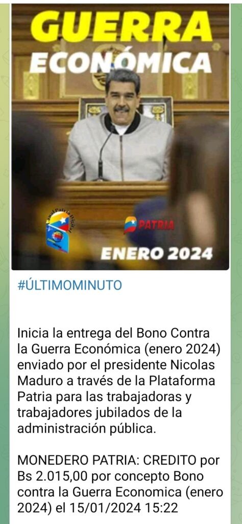 Patria inicia entrega de un bono por Bs 2 015