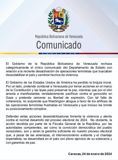 Venezuela rechaza "cínico" comunicado del Departamento de Estado