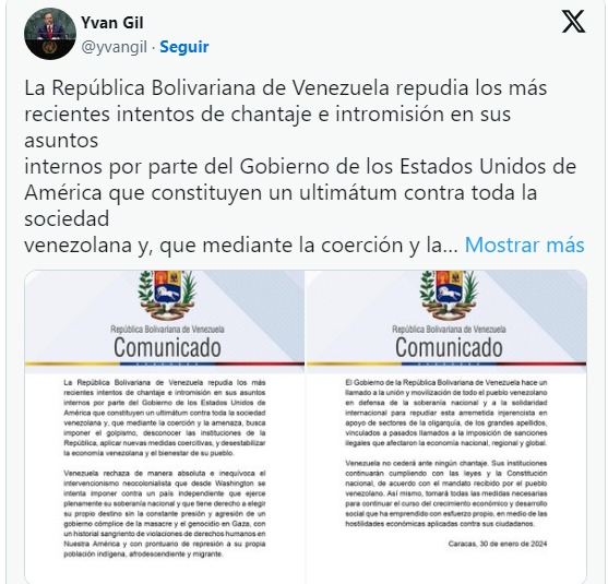 Venezuela revisará “cualquier mecanismo de cooperación” hacia EEUU