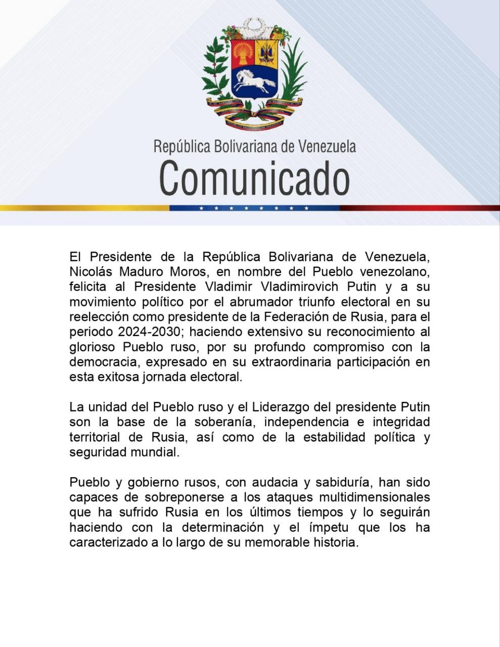 Venezuela felicita a Vladimir Putin