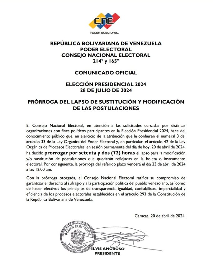 CNE extendió por 72 horas