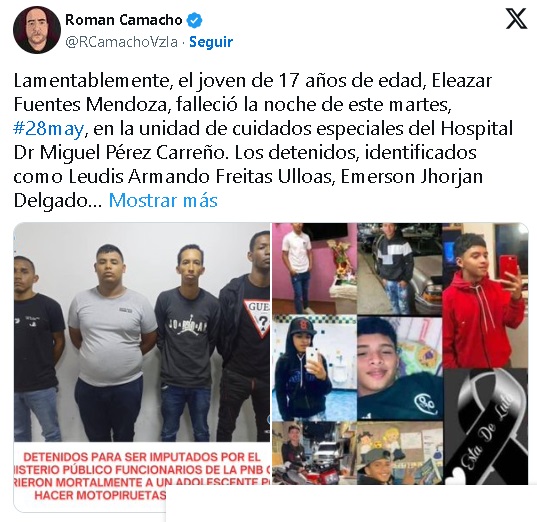 En horas de la noche de este martes falleció el adolescente de 17 años de edad que resultó gravemente herido a manos de funcionarios de la Policía Nacional Bolivariana cuando transitaba en una moto por la parroquia Antímano de Caracas.