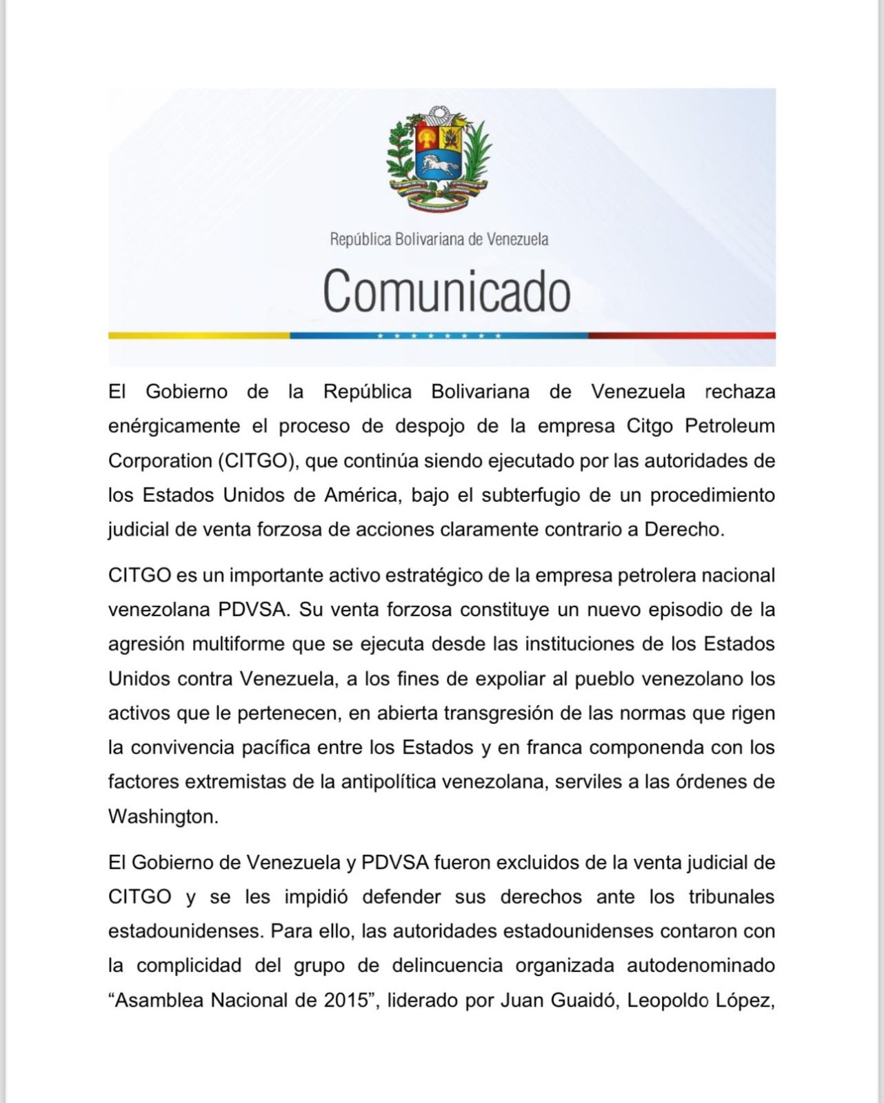 Gobierno Nacional rechaza venta forzosa y fraudulenta de Citgo