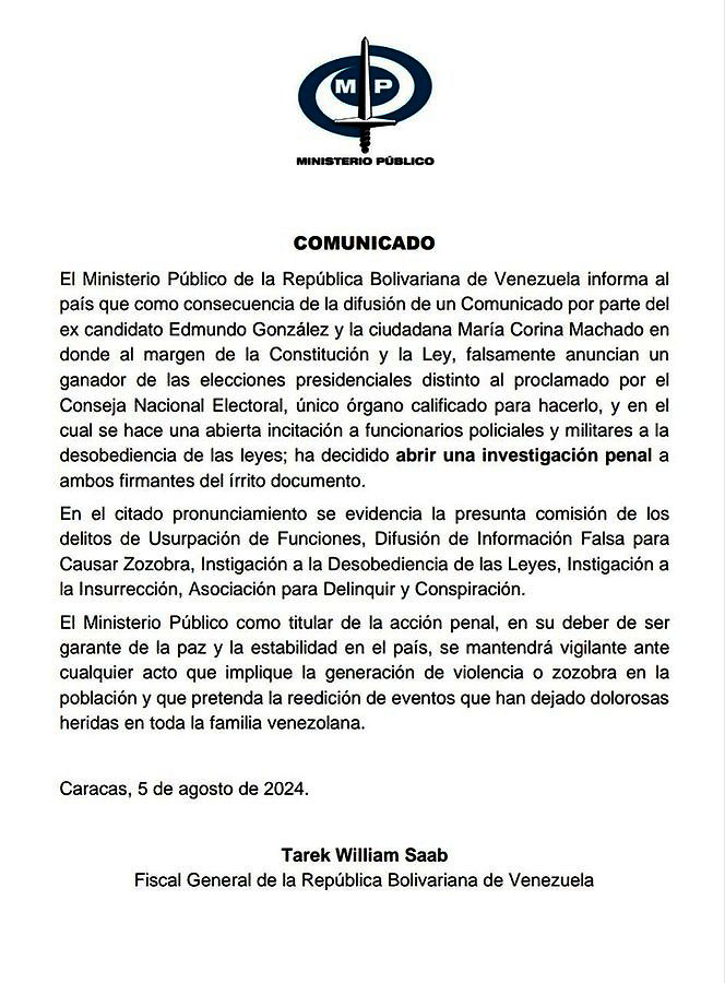 Ministerio Público abre investigación a Edmundo González y María Corina Machado