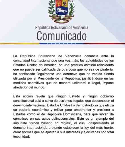 Cancillería denuncia práctica de EE.UU. en confiscar aeronaves venezolanas