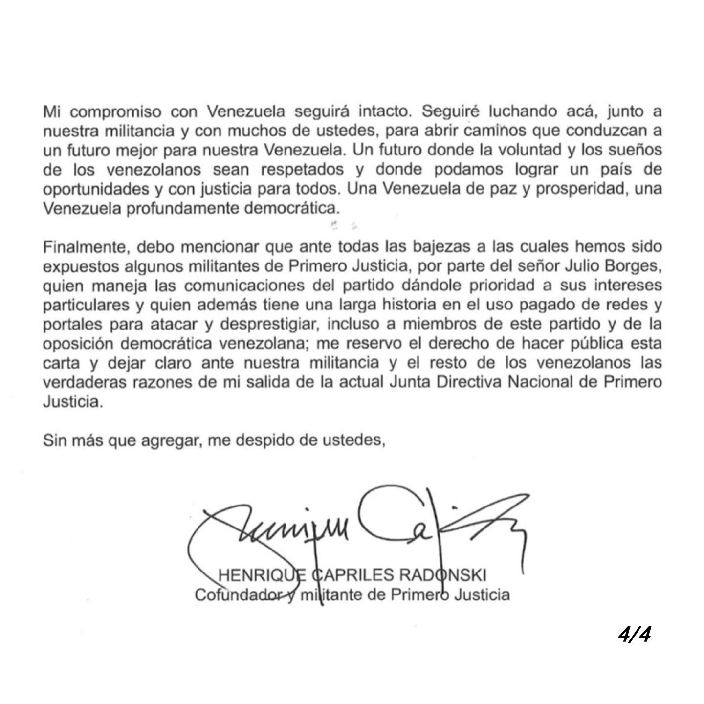 Capriles renuncia a PJ por las bajezas del caudillo de Julio Borges