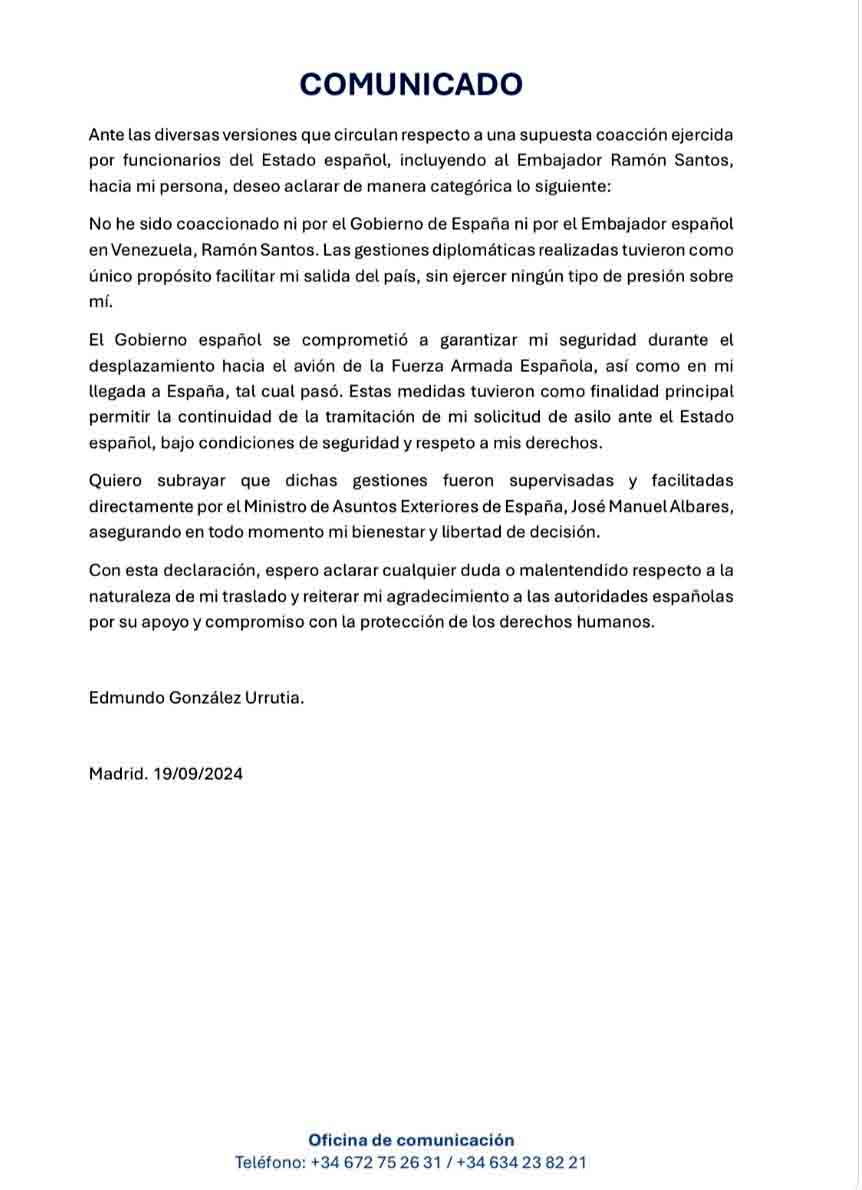 Edmundo González afirma que no recibió coacciones de España