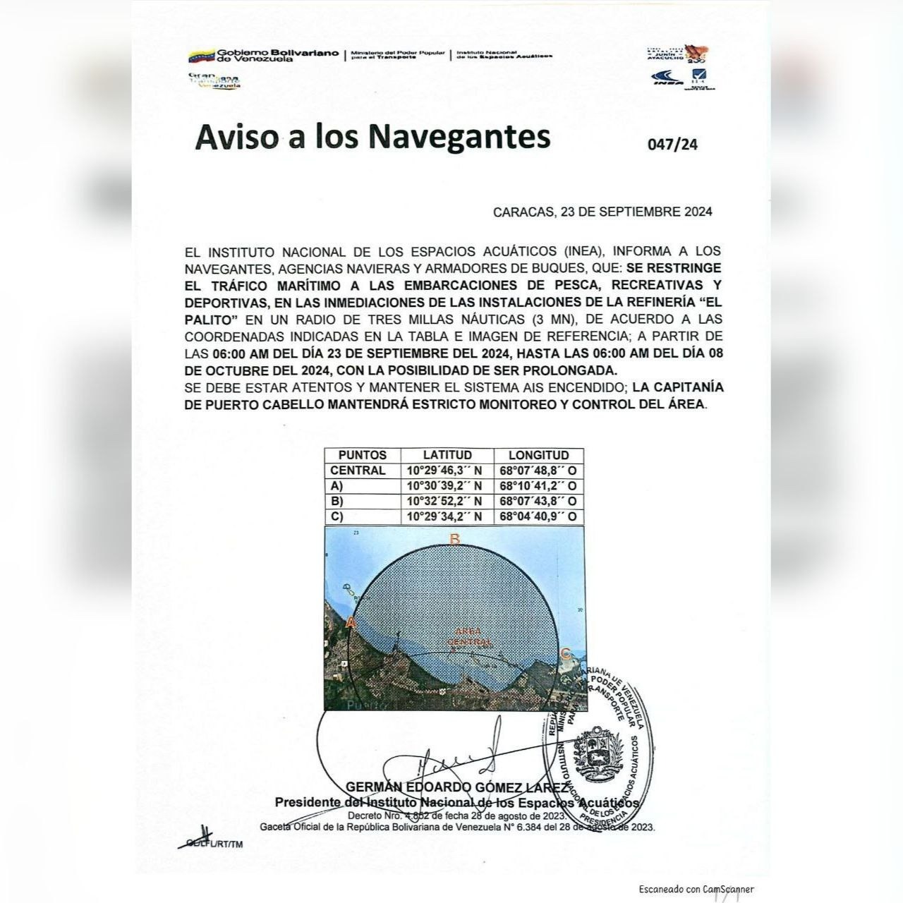 INEA prohibirá navegación de embarcaciones cerca de la Refinería El Palito
