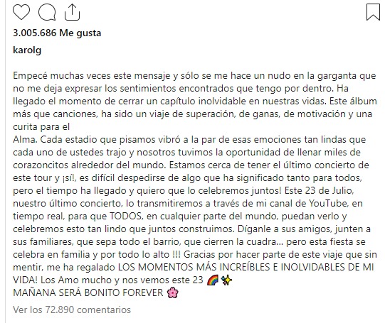 Karol G confirmó su retiro temporal de los escenarios: "Gracias por tanto"