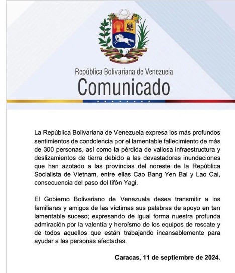 Venezuela expresa condolencias a Vietnan por el fallecimiento de 300 personas