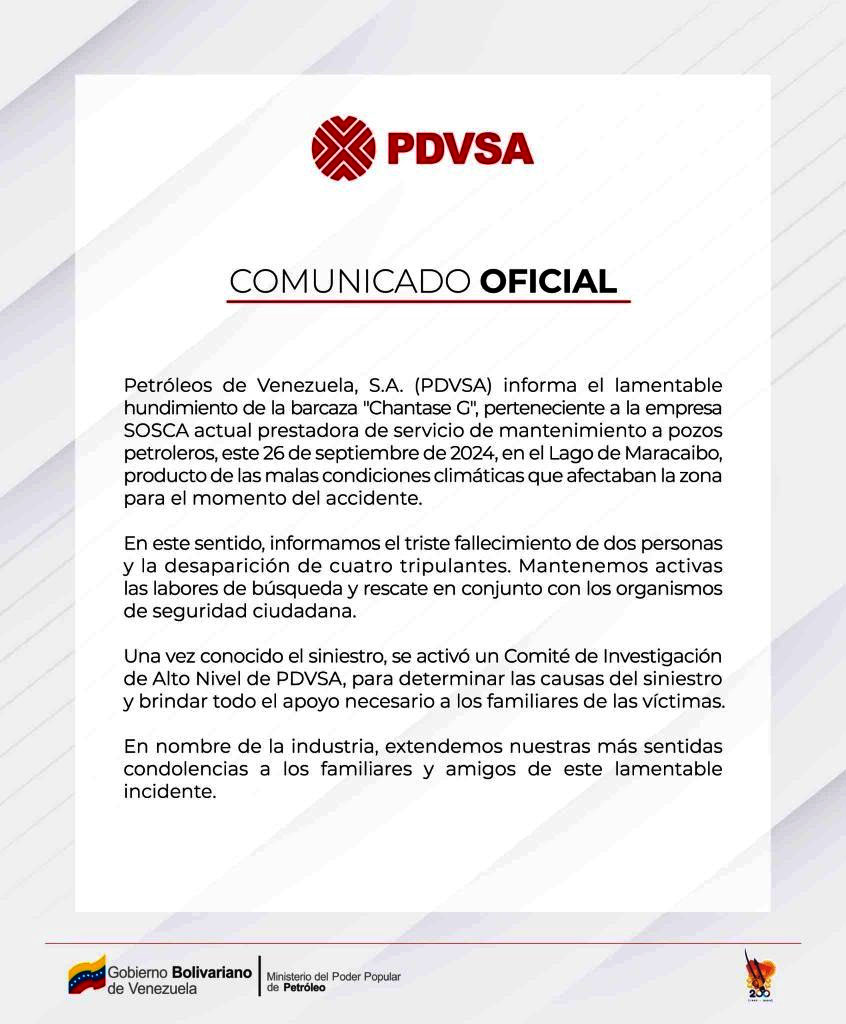 Pdvsa confirma dos fallecidos y cuatro desaparecidos por hundimiento de la Barcaza 