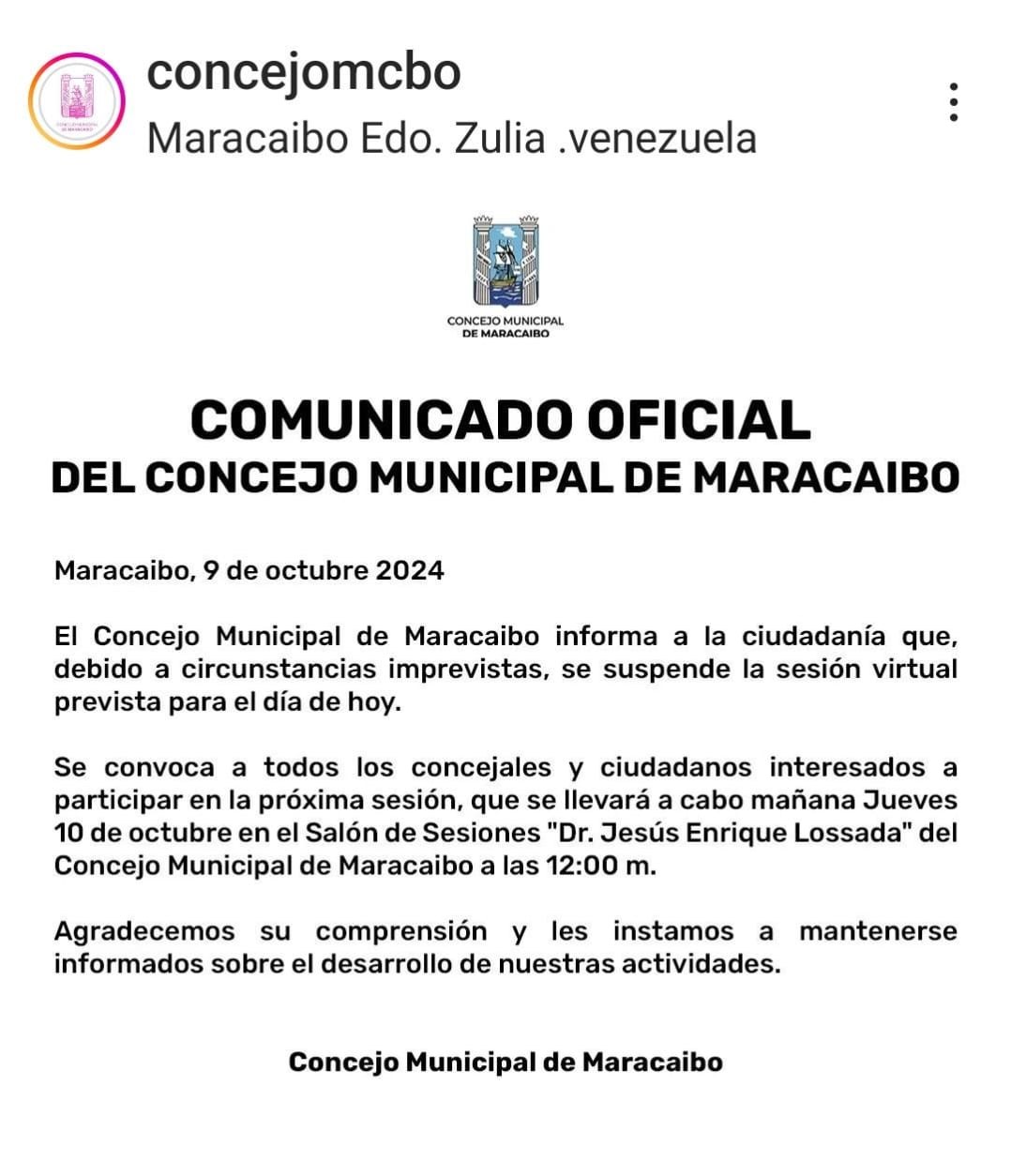 Concejo Municipal de Maracaibo suspende sesión ordinaria virtual