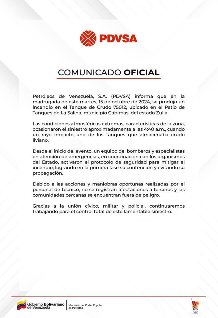 Pdvsa se pronuncia ante el siniestro del tanque de crudo en La Salina