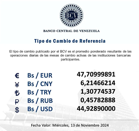 El dólar BCV-Venezuela abre este miércoles 13-N en Bs 44 92
