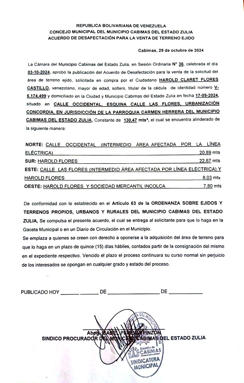 DECRETO DE DESAFECTACIÓN PARA LA VENTA DE TERRENO EJIDO "HAROLD CLARET FLORES CASTILLO"