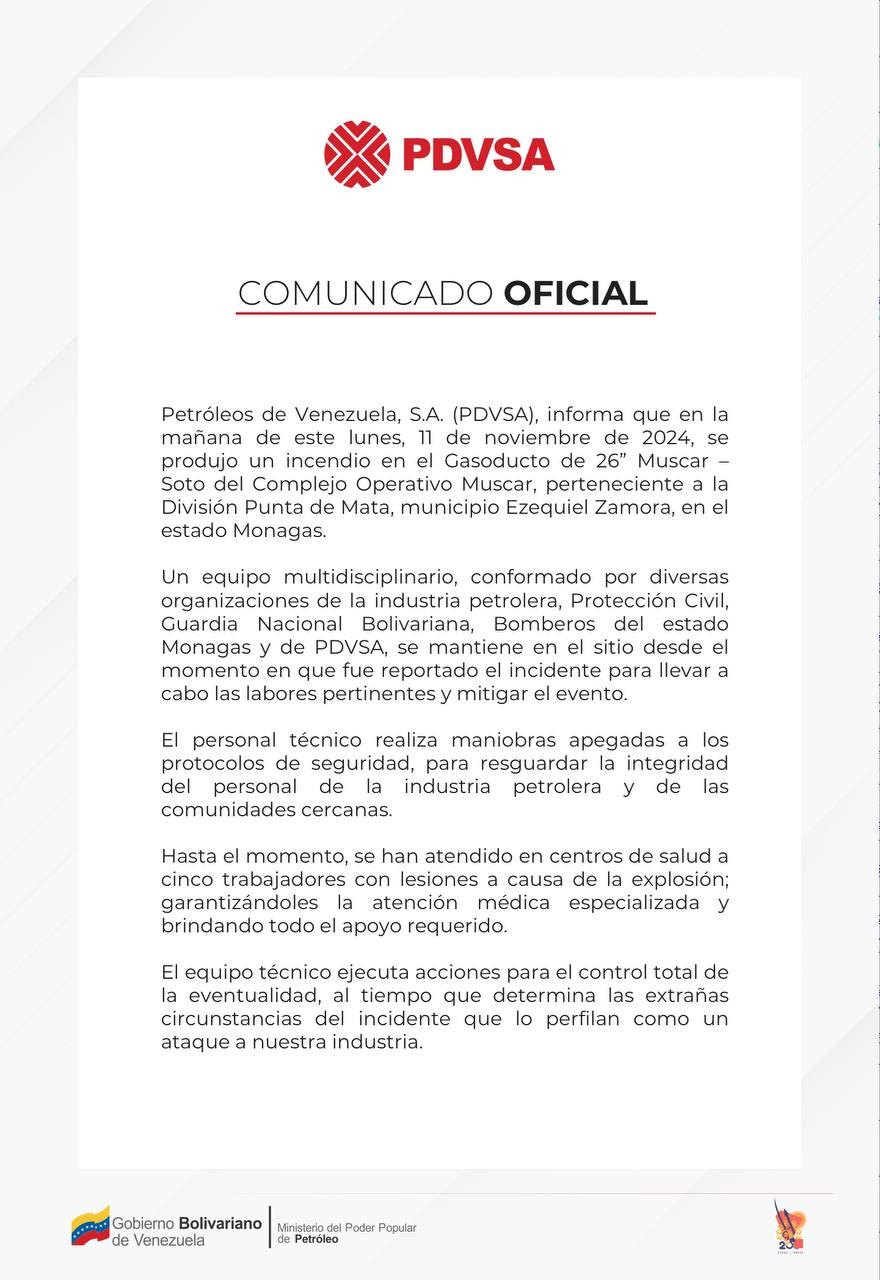 Pdvsa: equipo multidisciplinario ataca incendio en gasoducto de Monagas
