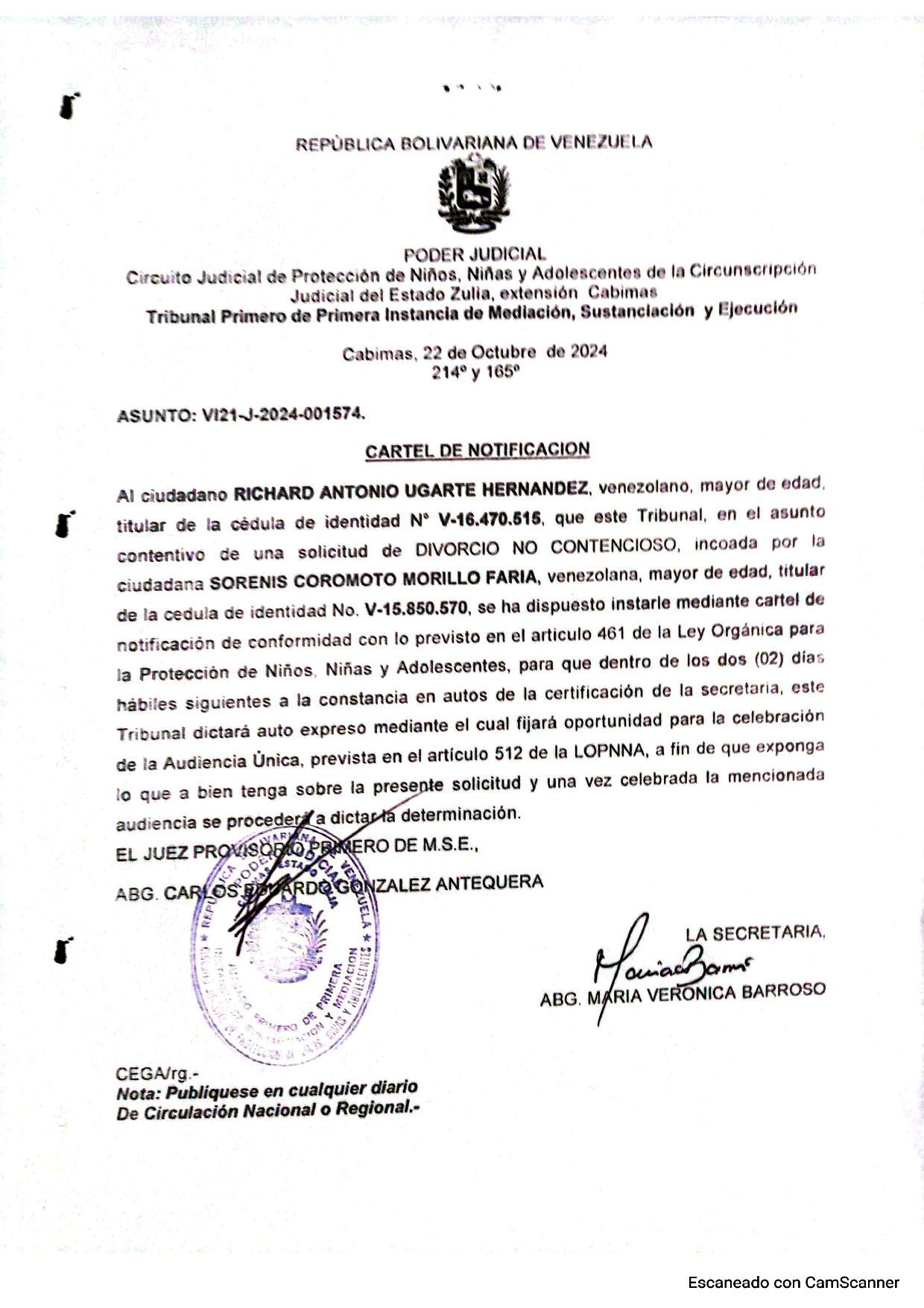 CARTEL DE NOTIFICACIÓN: "RICHARD ANTONIO UGARTE HERNANDEZ"
