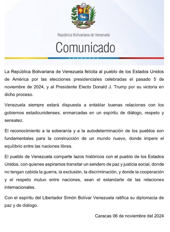 Venezuela felicita al pueblo de EE.UU. por triunfo de Donald Trump