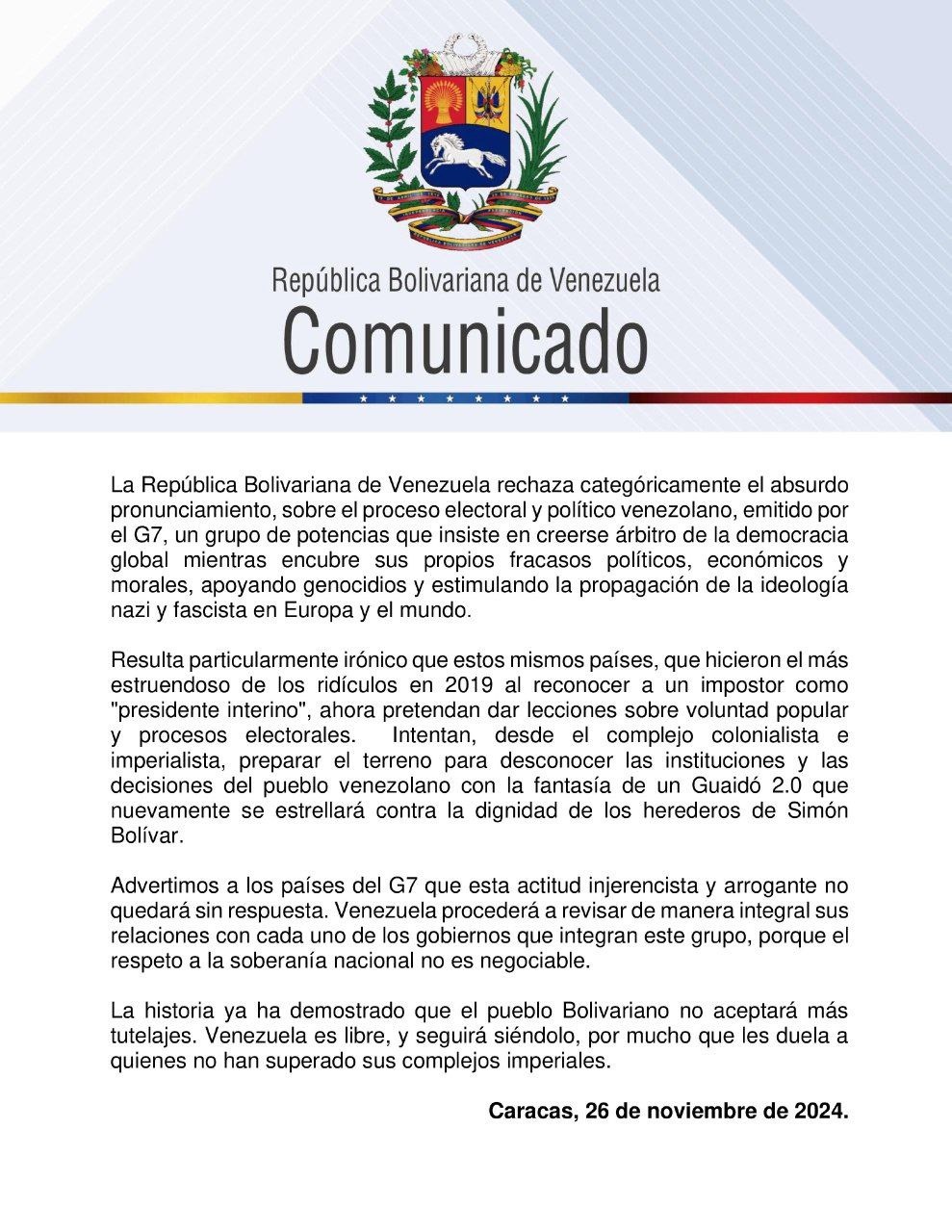 Venezuela rechaza pronunciamiento del G7 sobre proceso electoral venezolano