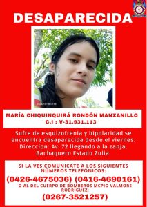 Reportan desaparición de una joven con esquizofrenia en Bachaquero
