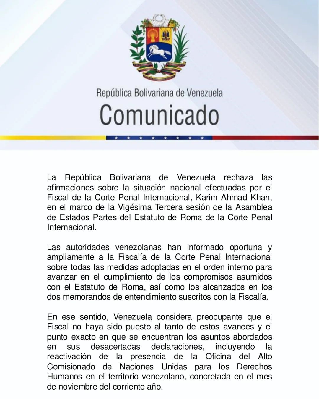 Canciller de Venezuela declaraciones del fiscal de la CPI