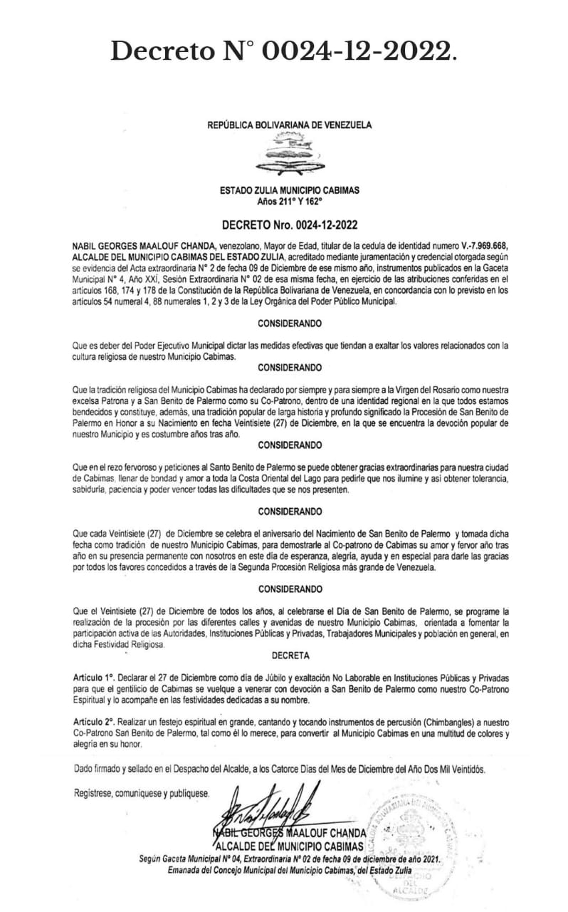 Este 27 de diciembre será no laborable por festividades de San Benito 