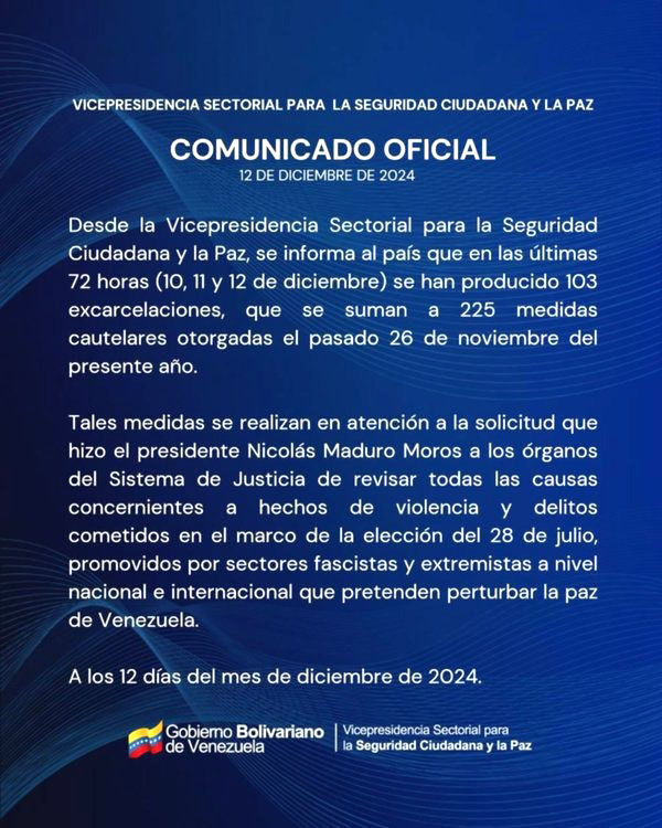 Gobierno confirma excarcelación de 103 detenidos en las últimas 72 horas