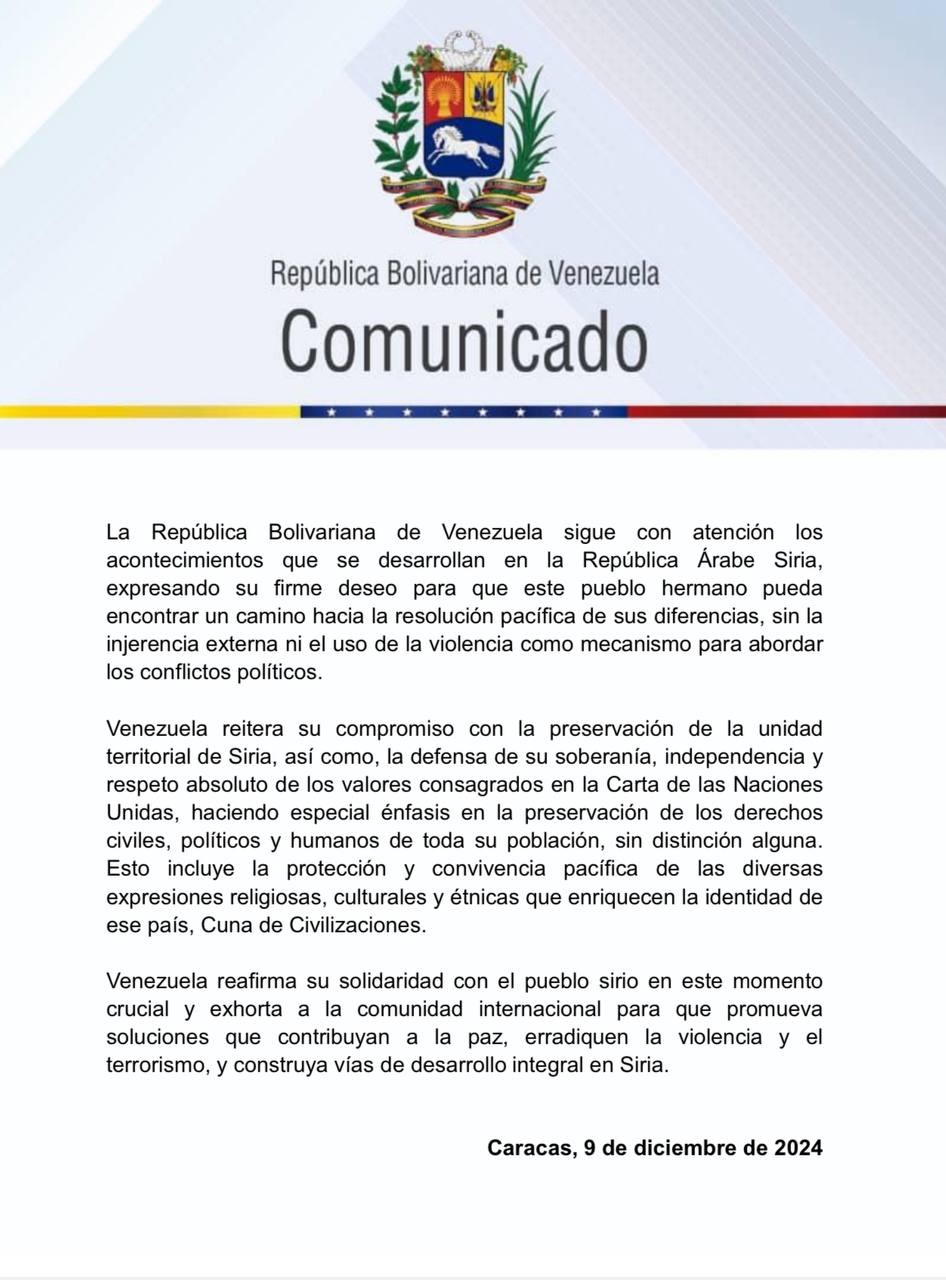 Venezuela desea que Siria pueda encontrar una resolución pacífica a su conflicto