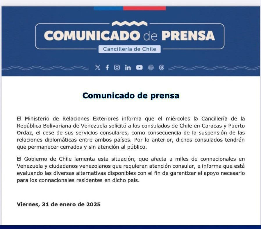 Gobierno de Venezuela cierre consulados de Chile en Caracas y Puerto Ordaz 