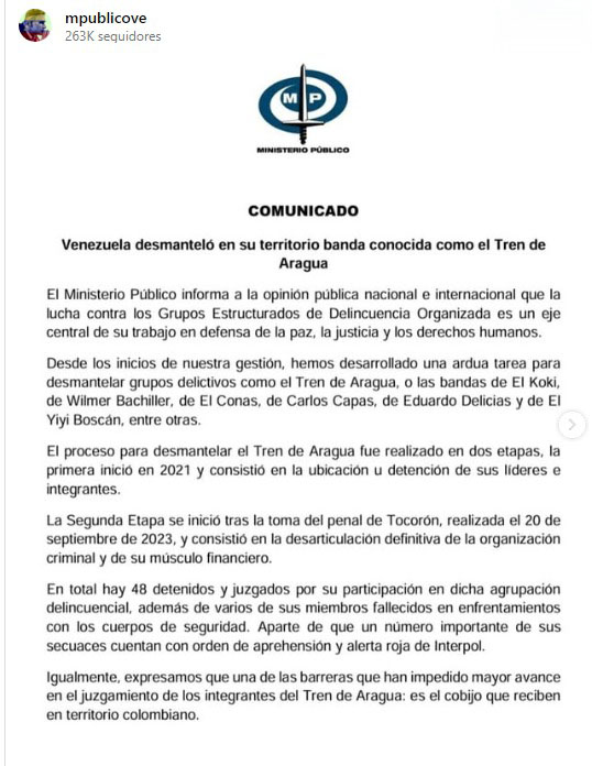 MP asegura que el Tren de Aragua fue desmantelado en Venezuela