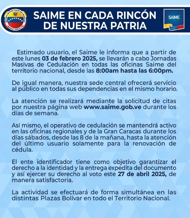 Saime anuncia jornadas masivas de cedulación a partir de este lunes 03 de febrero