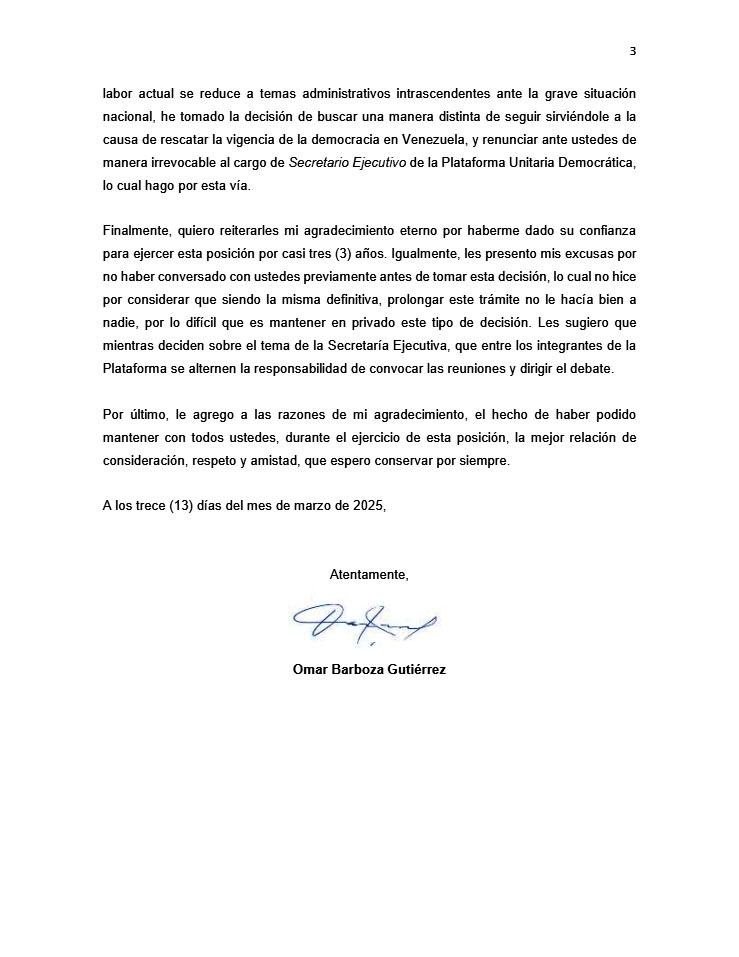 POLÍTICA. - Este jueves 13 de marzo, el abogado y político, Omar Barboza, a través de un comunicado anunció su renuncia como secretario general de la Plataforma Unitaria Democrática (PUD)