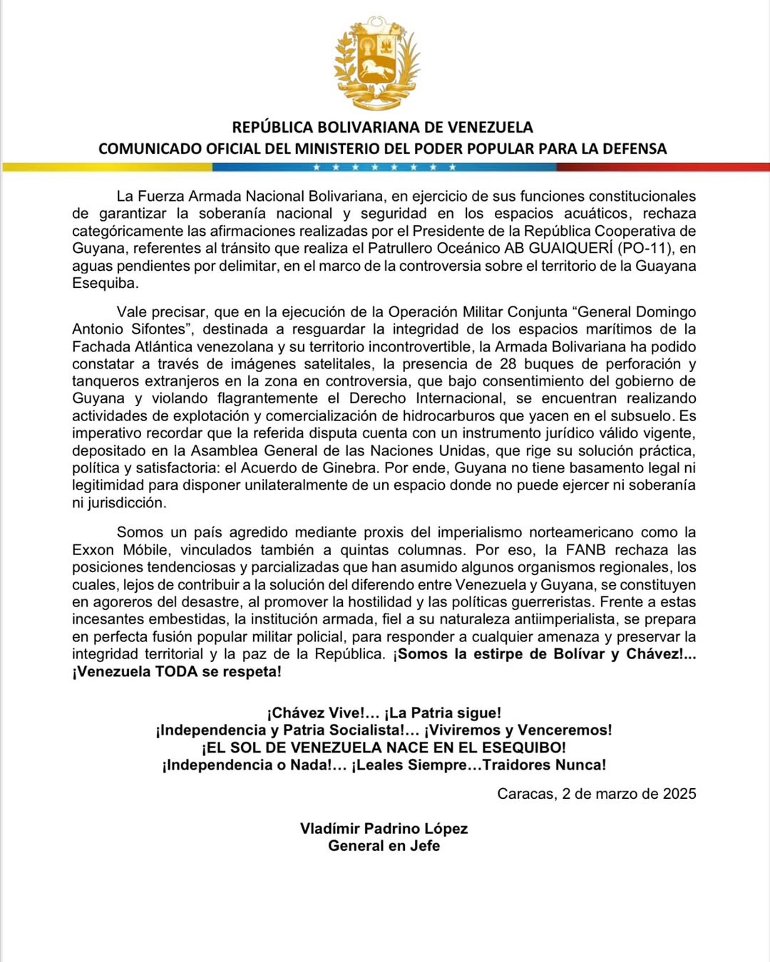 FANB rechaza falsas acusaciones de Guyana 